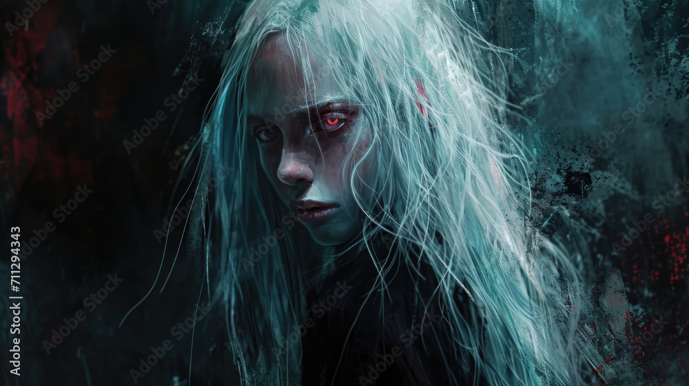 A lone figure emerges from the shadows, their pale skin and stark white hair standing out in the darkness. Their piercing red eyes seem to glow in the dim light, and as they Fantasy art