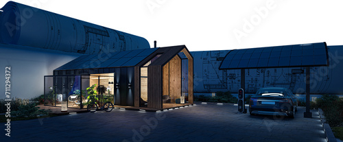Energy supply at a single family house with solar carport (isolated for dark background) - 3D visualization