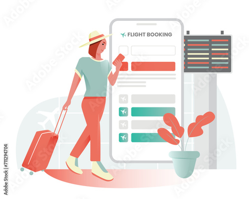 Woman bring luggage want to booking flight in airport to traveling