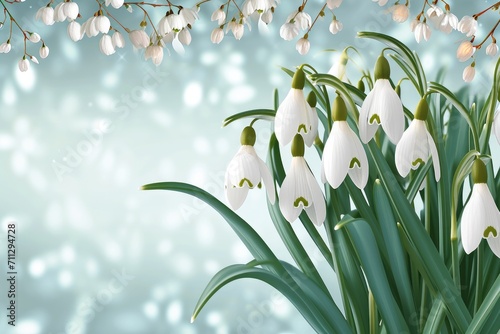 Decorative blank for congratulating International Women's Day with snowdrops in the style of vector graphics. Generative AI.