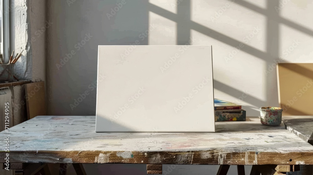 Empty white canvas on a paint-splattered table in a bright artist's studio with morning light casting shadows
