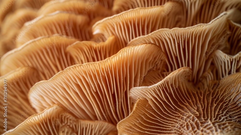 Macro shot of the intricate gill patterns on the underside of golden mushrooms in natural light