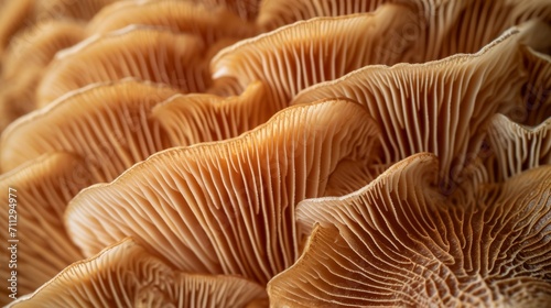 Macro shot of the intricate gill patterns on the underside of golden mushrooms in natural light
