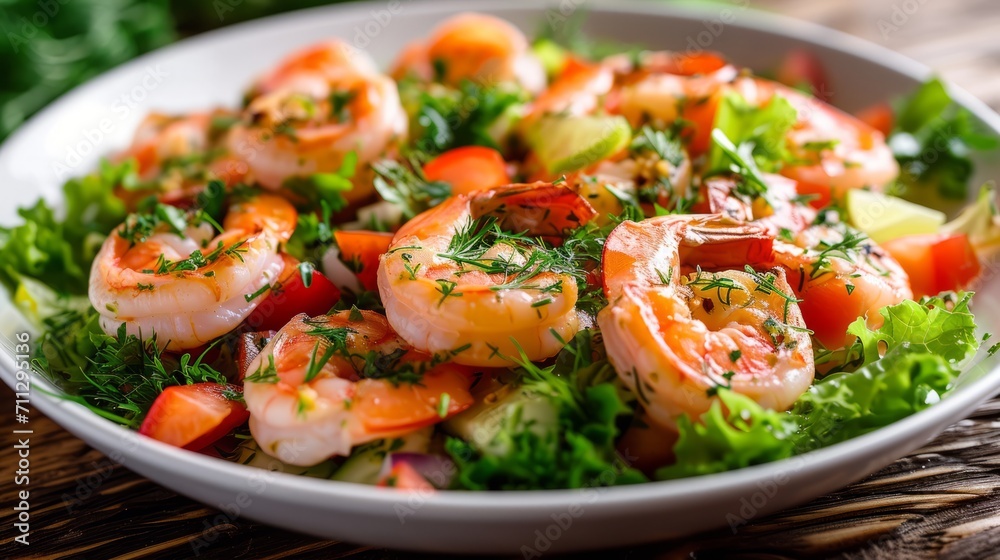 Fresh shrimp salad with vibrant tomatoes, lettuce, and herbs served on a white plate on a rustic wooden surface
