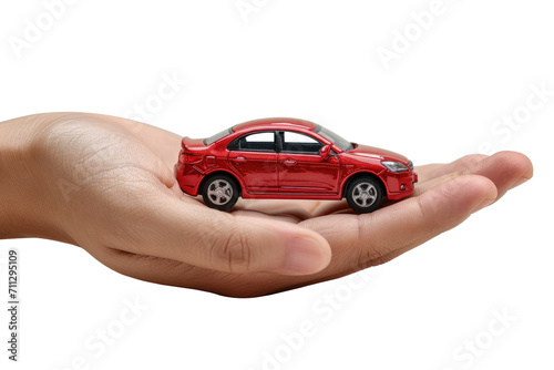 Model car in hand isolated on transparent background, with car loan for new car purchase idea.
