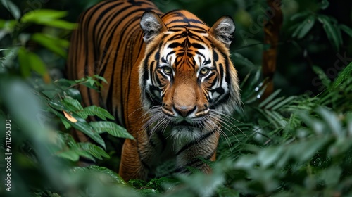 Majestic tiger moving stealthily through dense jungle foliage, showcasing its powerful presence in the wild © Sariyono