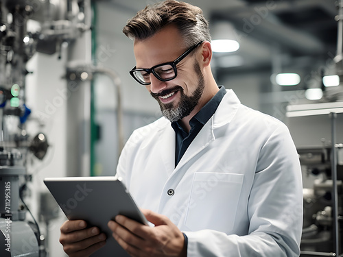 Smiling male scientist in lab coat holding a digital tablet standing by machine in laboratory. Generative AI illustration.