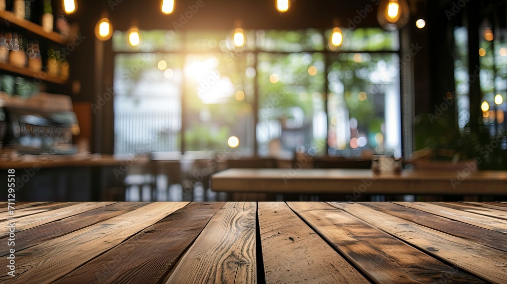 Photo empty wood table top and blur glass window interior restaurant banner mock up abstract background - can used for display or montage your products - generative ai Photo empty wood table top and blur glass window interior restaurant banner mock up abstract background - can used for display or montage your products - generative ai