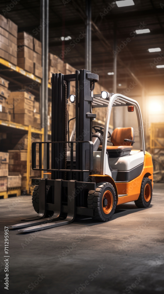 A modern orange forklift ready for operation inside a well-organized logistic center warehouse.