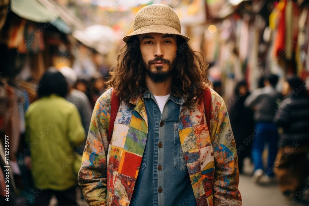 Portrait of a handsome young man with long curly hair and beard in a hat on the street