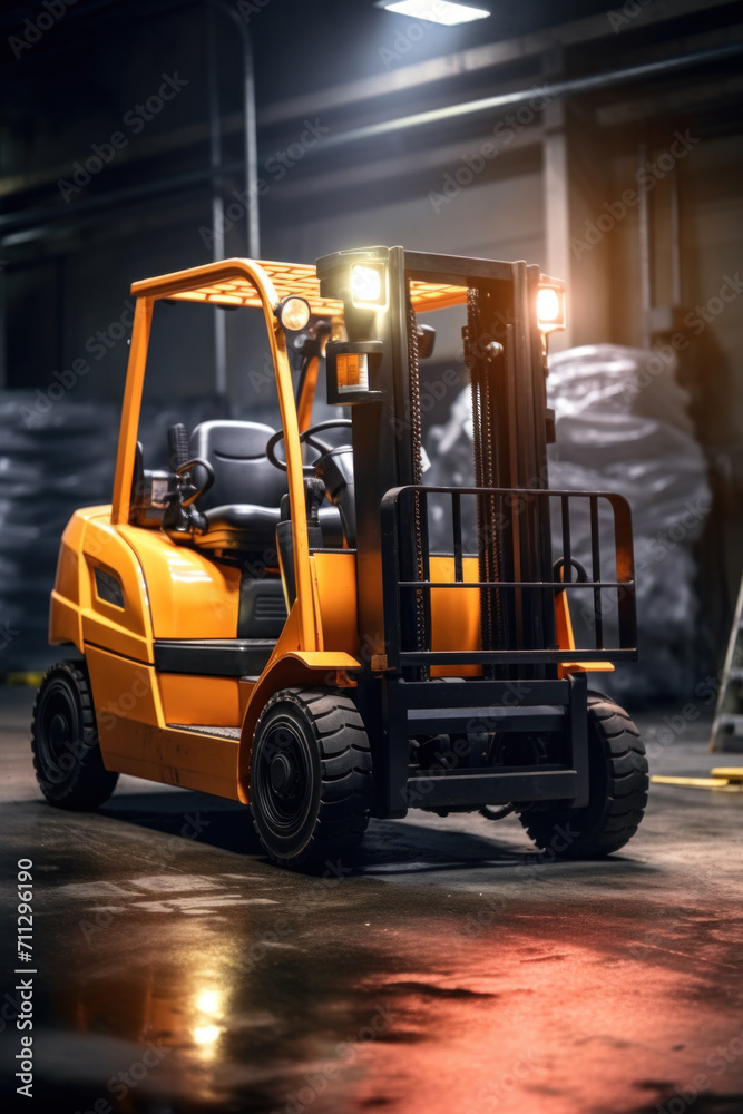 Modern Forklift in a Logistic Center Warehouse