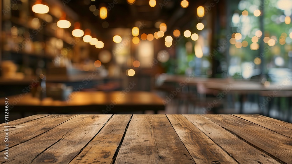 Photo empty wood table top and blur glass window interior restaurant banner mock up abstract background - can used for display or montage your products - generative ai