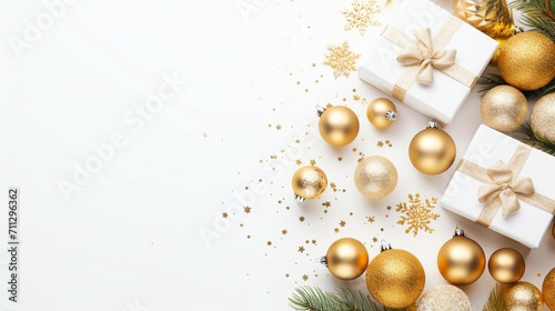 Golden Elegance: Christmas Gift Boxes, Balls, and Decorations on a White Background – Xmas Banner Mockup and New Year Greeting Card Template for a Festive Celebration