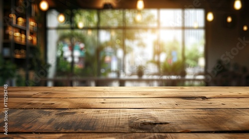 Photo empty wood table top and blur glass window interior restaurant banner mock up abstract background - can used for display or montage your products - generative ai © Nia™