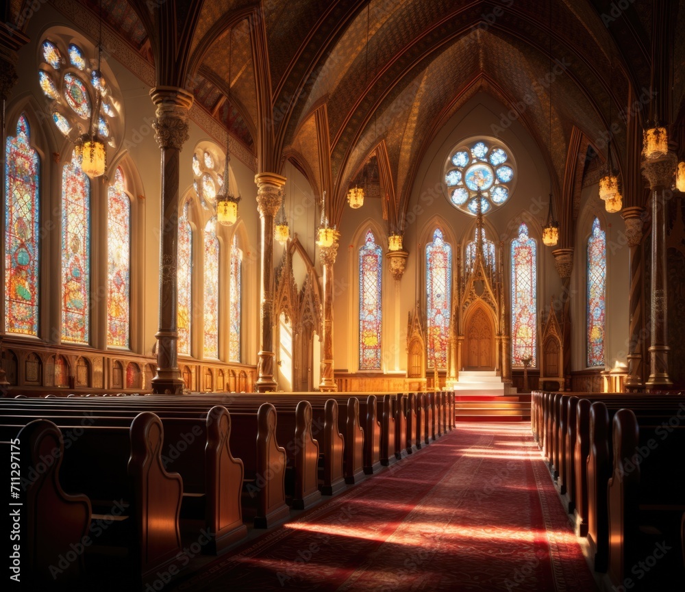Fototapeta premium A church with pews and stained glass windows. Generative AI.