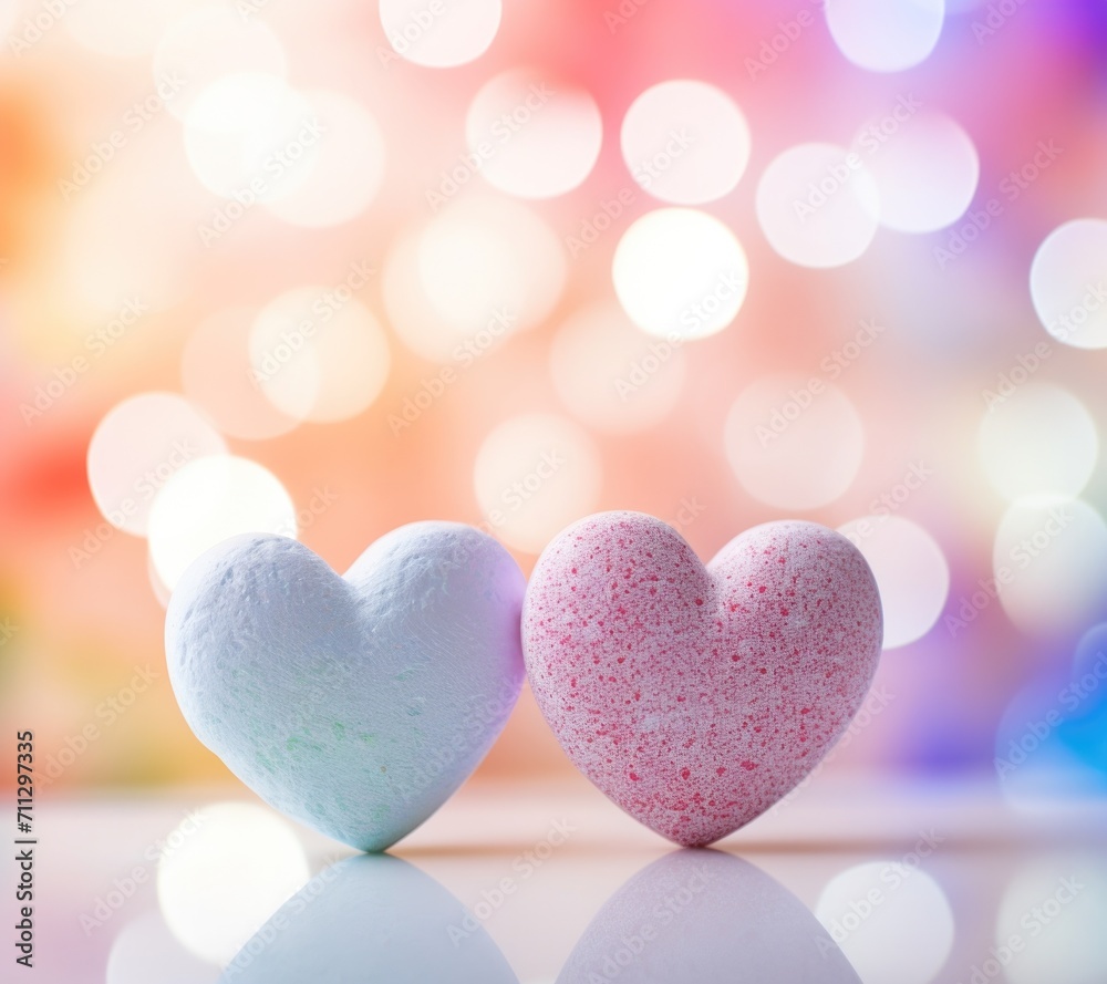 Obraz premium Two heart shaped bath bombs on a colorful background. Generative AI.