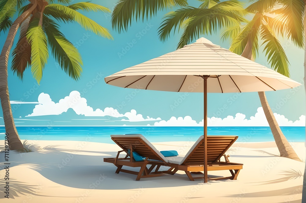 Escape to paradise with a sunbed under an umbrella on a deserted sandy beach, surrounded by palm trees on a sunny day. Perfect travel and recreation scene.