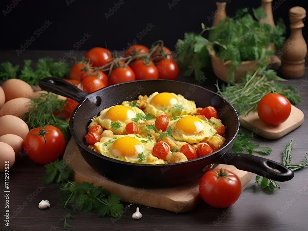 scrambled eggs in a frying pan,