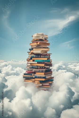 A stack of books stretches to the sky and disappears in the clouds. Generative AI.