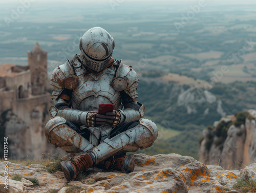 Quirky Medieval Scene: Character in Shiny Armor with Reflections, Wearing Sneakers, Sitting on Rocks in Profile, Searching for Mobile Coverage, with a Minimal Sky and Castle Background