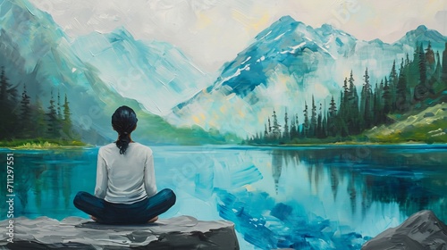 Calming meditation practice illustrated in a mental health painting