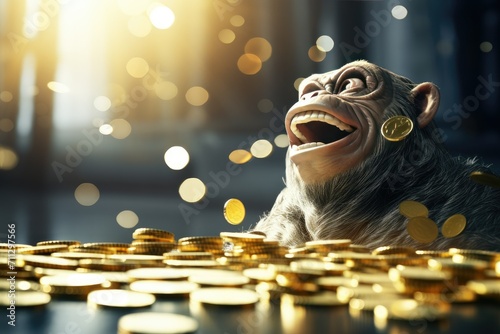 .golden coins falling in the air. A smiling monkey on the background of falling gold coins. A happy monkey on the background of flying money. Portrait.