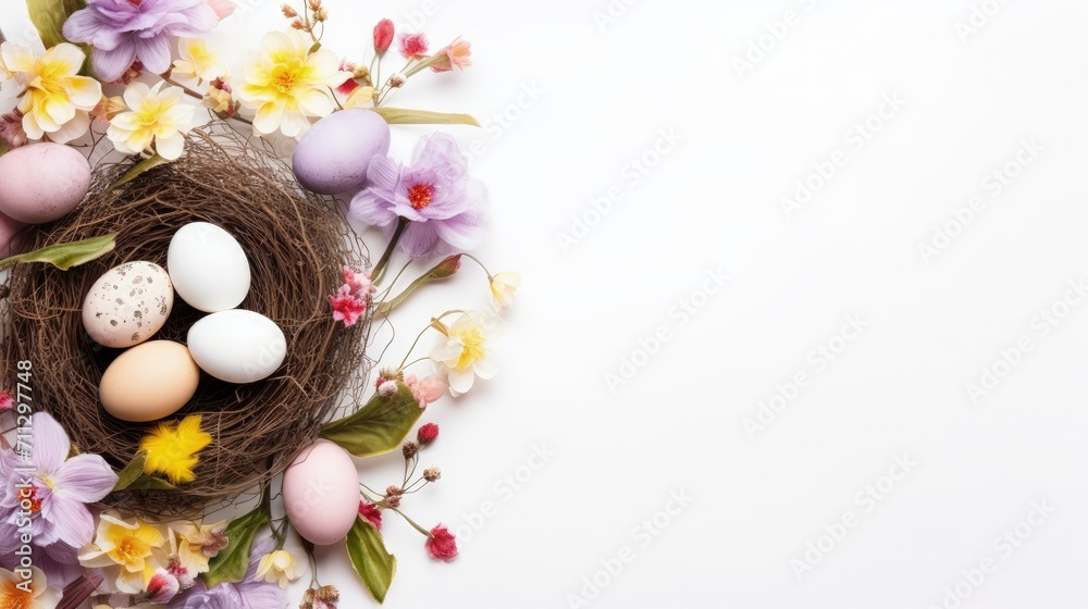 flat lay background egg in the straw nest. Happy Easter Concept