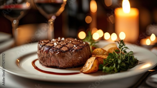 Steak on a plate in a restaurant on a candlelit table. Generative AI.