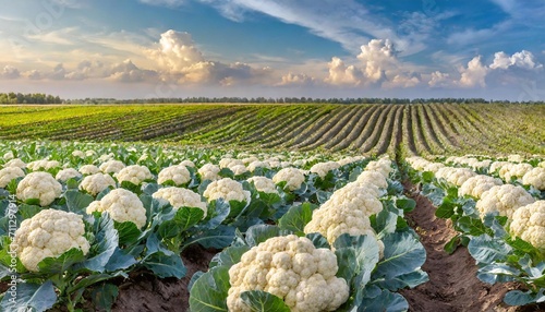 Cauliflower grows in rows in the field.