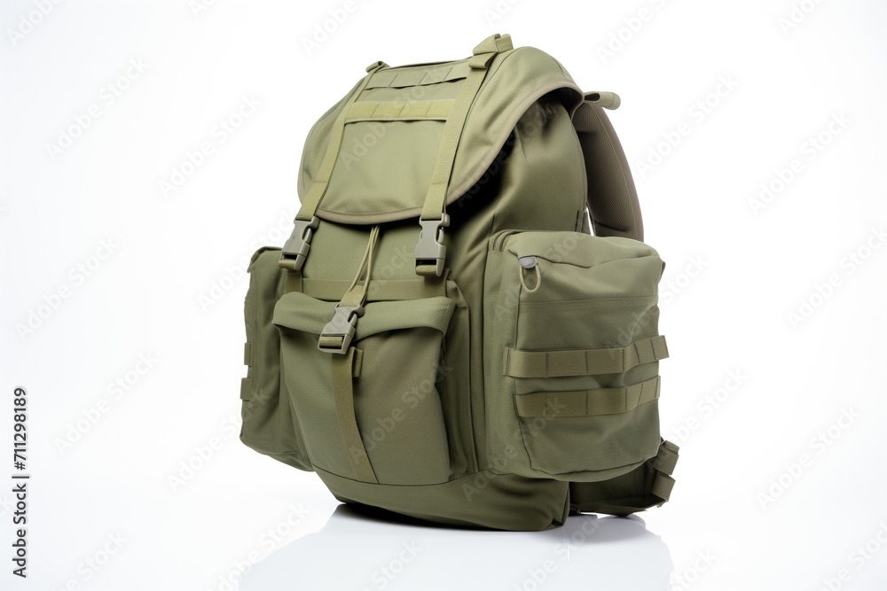 olive green military backpack, rugged look, on white olive green military backpack, rugged look, on white