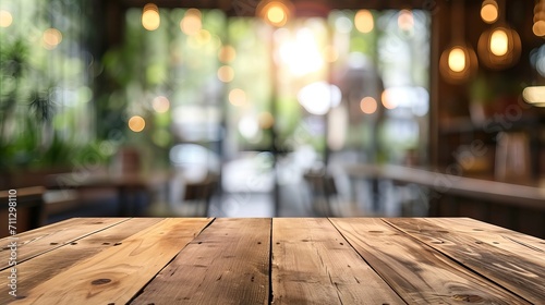 Photo empty wood table top and blur glass window interior restaurant banner mock up abstract background - can used for display or montage your products - generative ai