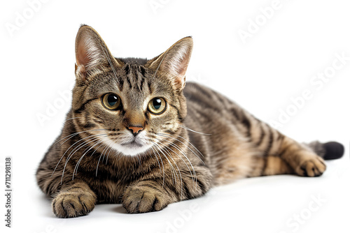 Adorable attractive adorable cute gray striped kitty with big expressive eyes is lying on the floor and looking closely at the camera on a white background.