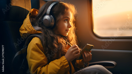 A little girl in headphones is traveling by train. Travel concept photo
