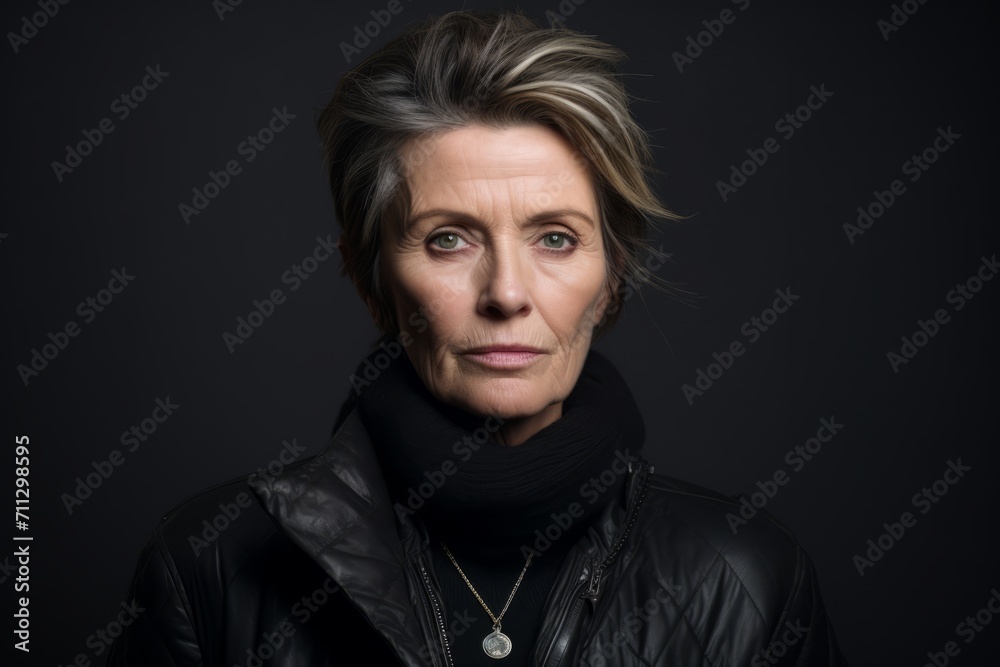 Portrait of a senior woman in a leather jacket on a dark background Portrait of a senior woman in a leather jacket on a dark background
