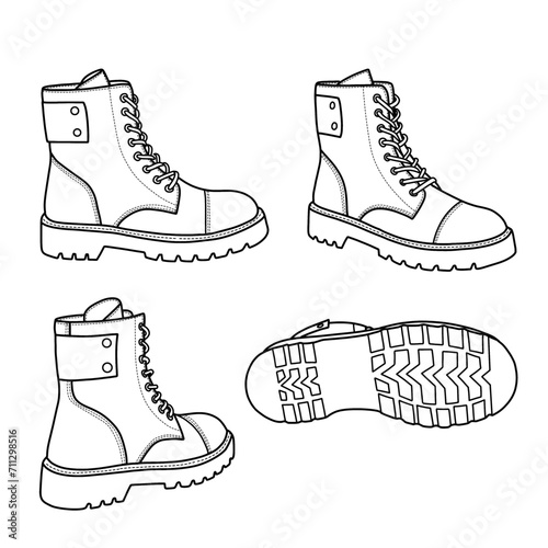 Template vector high leather ankle shoes hand-drawn collection, formal shoes, vector sketch illustration, side, back, and bottom view. Isolated on a white background.