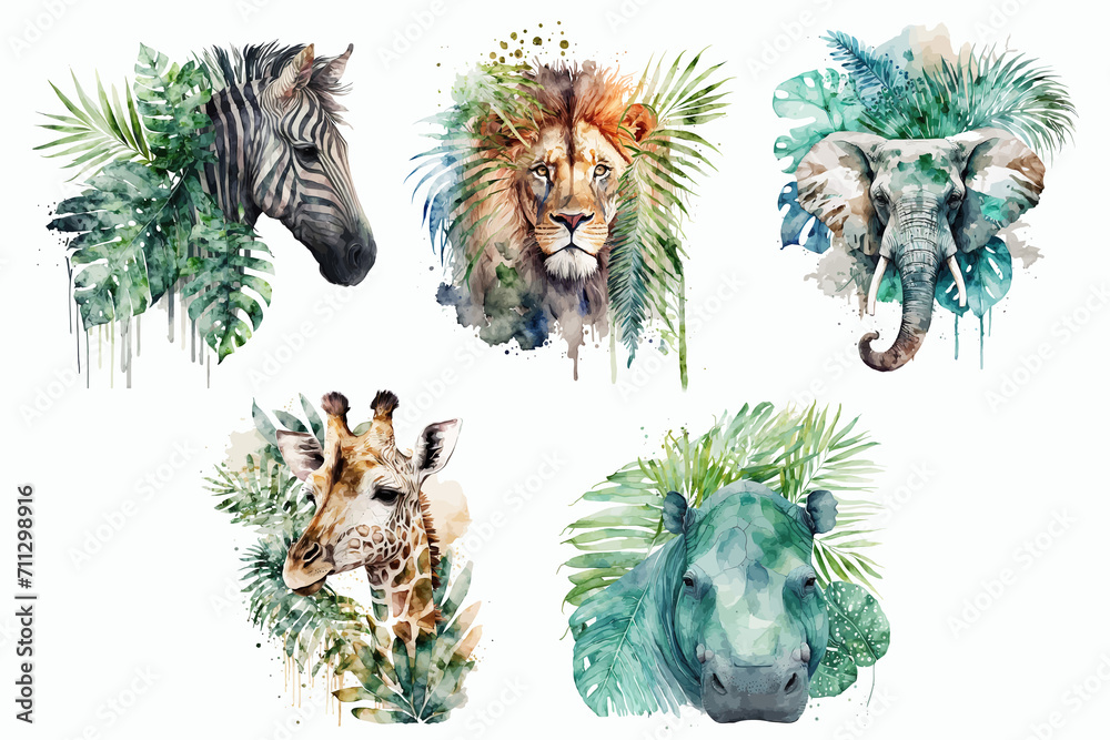 Safari Animal set lion, hippopotamus, giraffe, elephant, zebra in watercolor style. Isolated illustration
