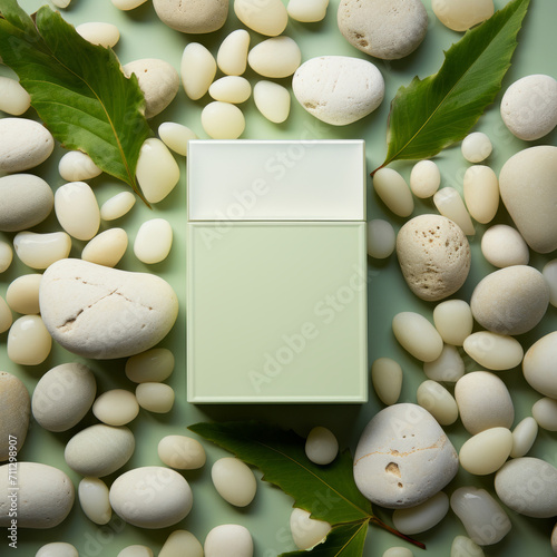 Composition of cosmetic packaging with white rock and leaves. Blank space