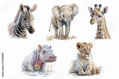 Safari Animal set small zebra, elephant, giraffe, lion, hippopotamus in watercolor style. Isolated illustration