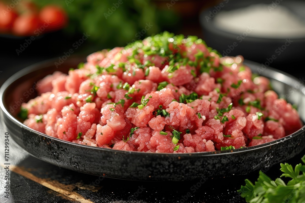 Minced meat in a black plate. Generative AI. Minced meat in a black plate. Generative AI.