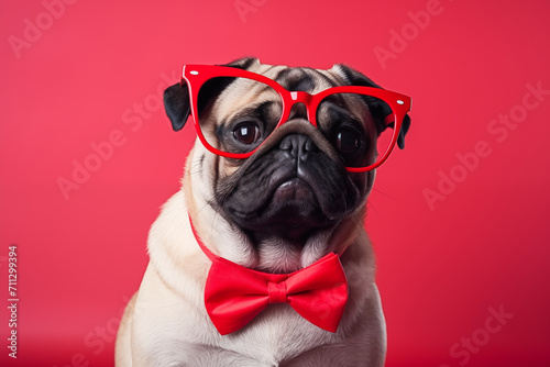 Cute pug wearing red sunglasses and a bow tie isolated on red background. Pug inlove. Valentine postcard with red hearts and lovely face dog. Valentine's day concept. Copy Space