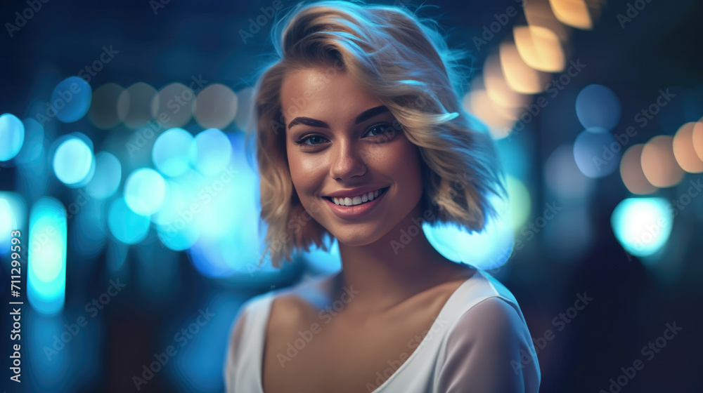Portrait of pretty smiling girl on night lights background, encapsulating spirit of youthful night life, atmosphere is lively, pulsating with energy of young woman immersed in vibrant nightlife
