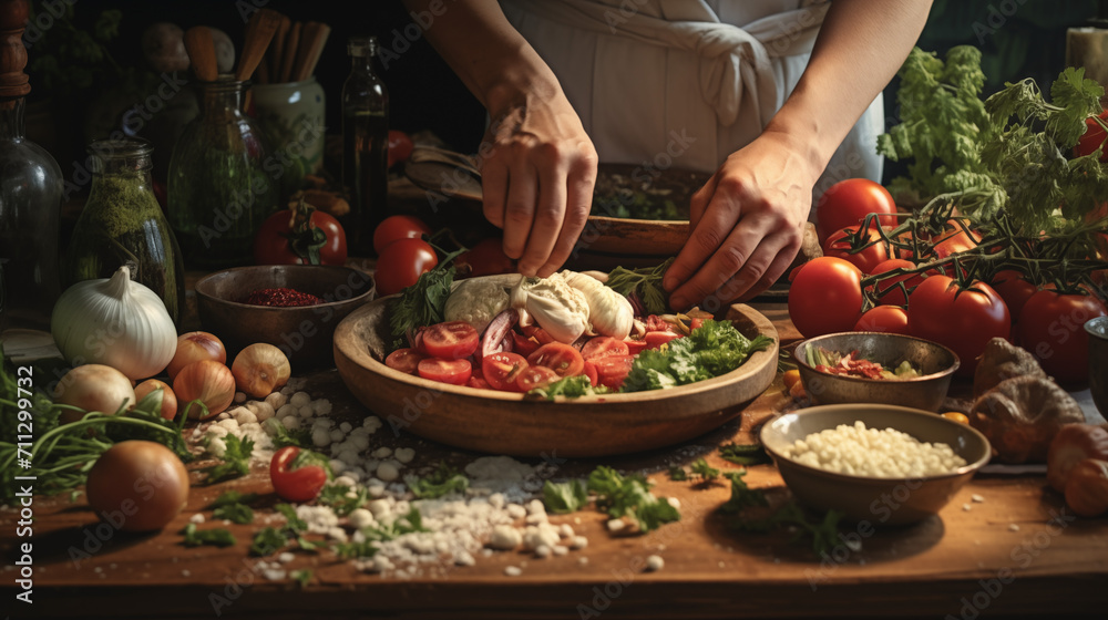 Preparing delicious food, vegetables, tomatos