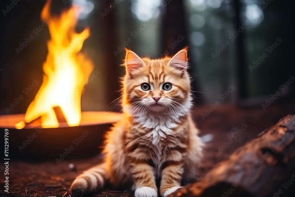A cute domestic ginger kitten sits against the backdrop of a fire. Blurred background. Bonfire. Outdoor adventure. A fluffy cat goes on a hike. Fluffy cat in the forest. Camp concept. Hike
