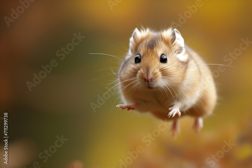 Hamster in the jump. Funny hamster, flying. cute little hamster try move to hand, hamster feeling wonder and excite, hamster on nature background, pet in home. © Nataliia_Trushchenko