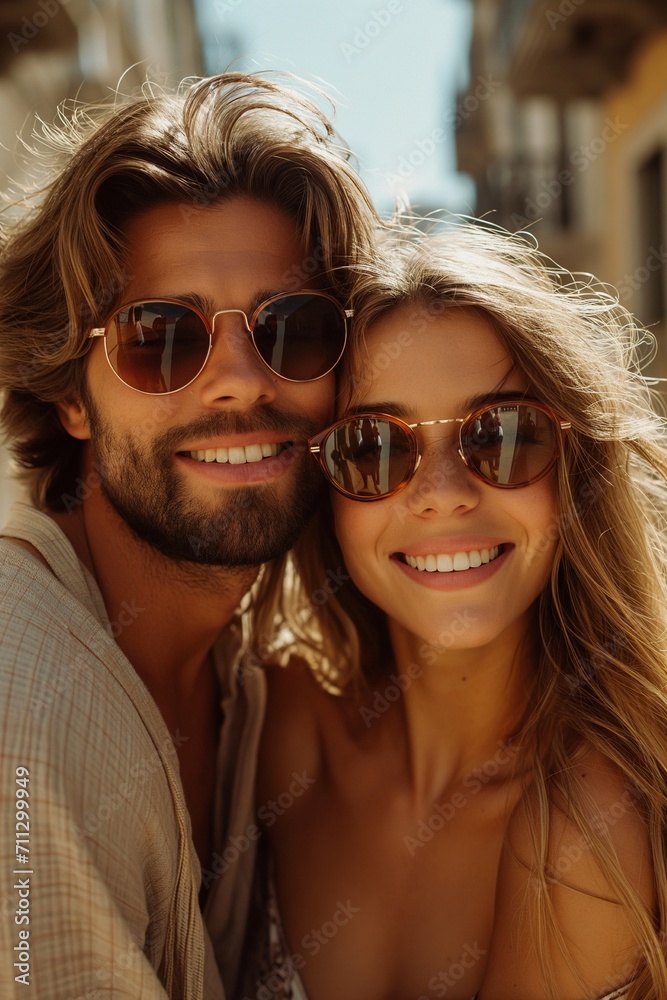 couple in sunglasses hugging and laughing, in pastel colors against the backdrop of skyscrapers