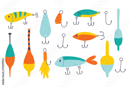 Set of fishing tackles. Hand drawn collection of fishing tackles and floats isolated on a white background. Vector illustration.
