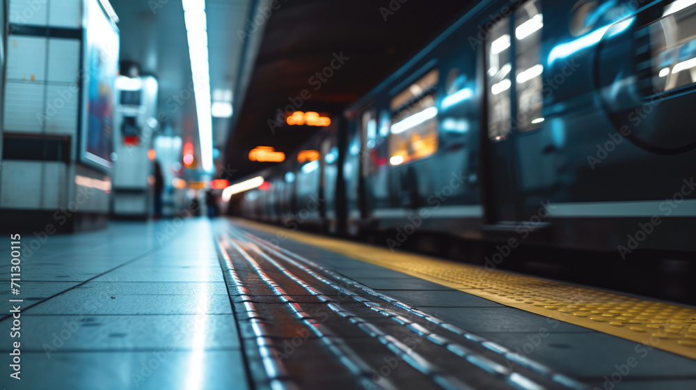 Dynamic view of a subway train in motion at a well-lit underground station.