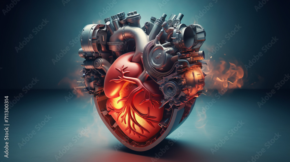 Steel heart engine pulses with fiery red glow, against gloomy smoky backdrop creating stunning visual display of strength and allure, symbolizes intersection of industrial innovation and human emotion - obrazy, fototapety, plakaty 