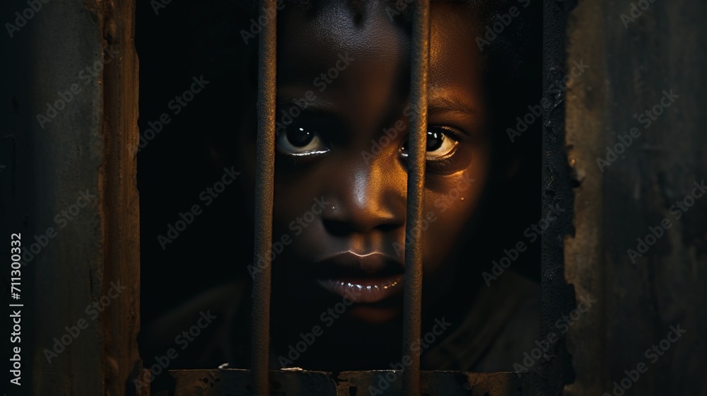 Young black boy confined behind bars with dirty scratched face gazes with hope, evoking heart wrenching concept of child kidnapping, safeguarding children from abduction and harm - obrazy, fototapety, plakaty 