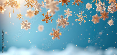 Golden snowflakes of the correct shape fall from the sky on a light blue background. Generative AI.